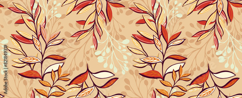 Abstract artistic autumn jungle seamless pattern with branches, creative leaves, unique leaf stems, tropical plants on a beige background. Colorful yellow orange botanical print. Vector hand drawing.