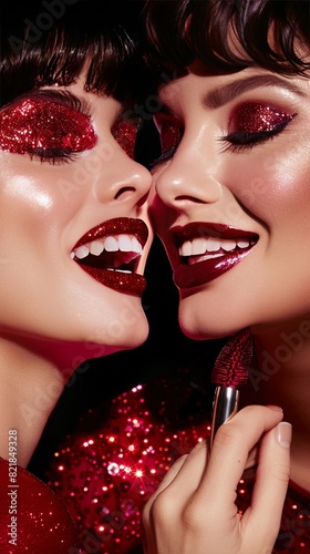 Glamorous makeup twin models with sparkling red lips and shimmering eyeshadow