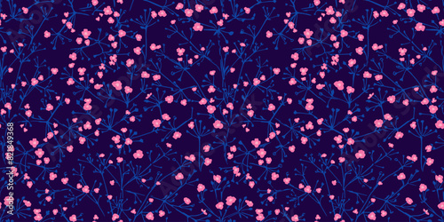 Abstract tiny flowers with small branches intertwined in a seamless pattern. Vector hand drawing. Simple meadow printing on a dark background. Ornament for design, fabric, textiles, surface design
