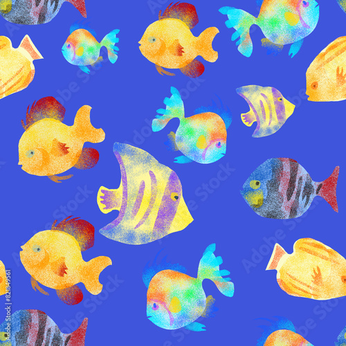 pattern with fishes. Hand drawn fish on blue background. Watercolor illustration. 