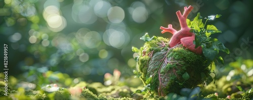 A unique art installation of an anatomical heart, crafted from green moss and pink metal, stands in the forest bathed in sunlight © Arrseman