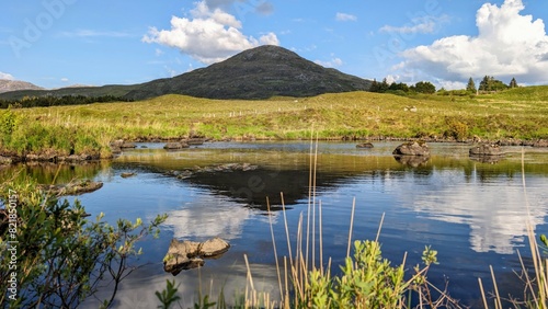 Beautiful landscape scenery, river with mountains and pine trees reflection, nature background Derryclare natural reserve at Connemara national park, county Galway, Ireland, wallpaper photo