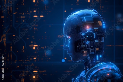 Futuristic cybernetic humanoid with glowing circuits and digital interface. Abstract representation of advanced AI, robotics, and technology integration in a sci-fi setting - AI generated