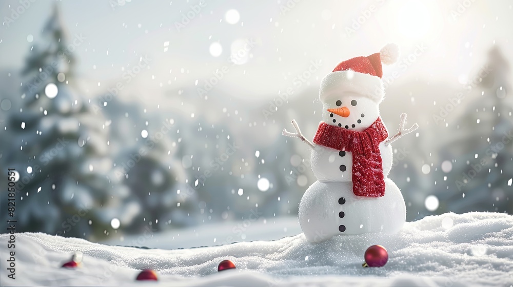 Christmas greeting snowy background. Happy snowman standing in winter Christmas landscape Christmas greeting snowy background. Happy snowman standing in winter Christmas landscape