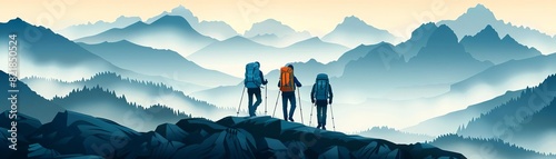 summer activities, vector illustration of three people hiking on a mountain