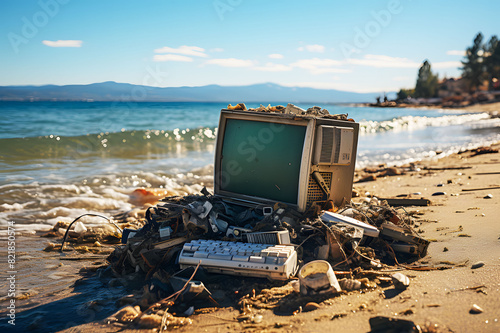 Electronic waste leave beach by the sea. washed up crt tv tube tv on beach. It pollutes animals and nature. Realistic garbage clipart template pattern. Industrial Waste Dump (Garbage Pile)