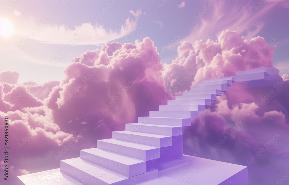 3D render of a colorful rainbow sky with clouds and stairs going up to heaven. The background depicts heaven