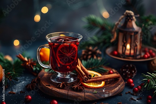 a glass of mulled wine with orange slices and spices on a wooden plate