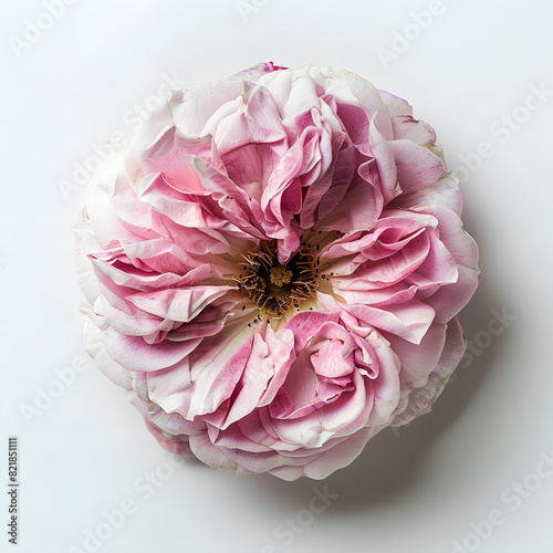 Pink Damascus rose flower top view isolated on white background