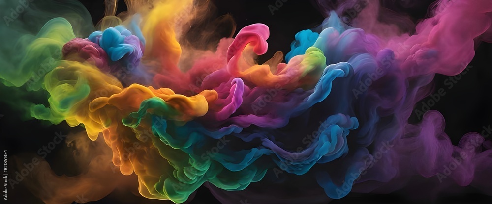 colored smoke, rainbow smoke, smoke floating in the air, black background, smoke gathering, rainbow fancy illustration