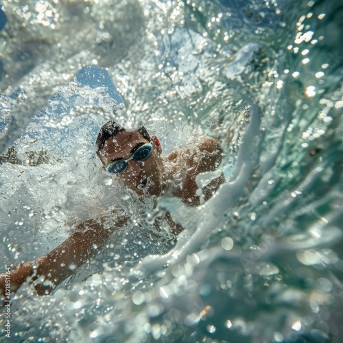 A swimmer glides through the water, surrounded by bubbles. AI.