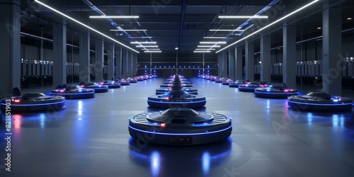 Futuristic automated warehouse with autonomous robots AI. photo