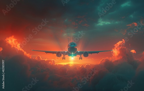 Passenger Plane Climbing Sunward Sky photo