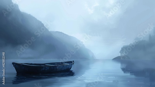 Sinking boat in a misty lake at dawn, silence before storm, monochromatic blues, digital painting