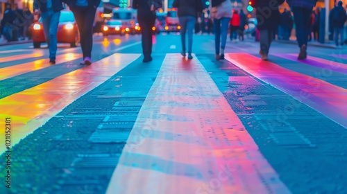A vibrant rainbow crosswalk in a busy city, with people walking and cars passing by photo