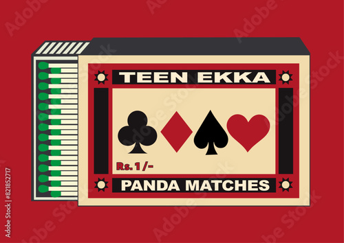 Ace Spade Playing Card (teen ekka) illustration in Matchbox art and matches vector. Vintage and antique matchbox packaging design illustration. retro style packaging. old style design. open box