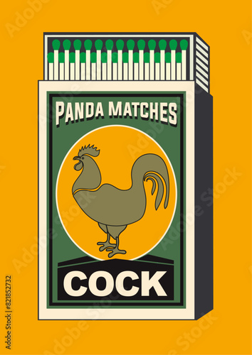 Chicken, pullet, bantam, bird, barnyard fowl, duck illustration in Matchbox art and matches vector. Vintage and antique matchbox packaging design illustration. retro style packaging. old style design