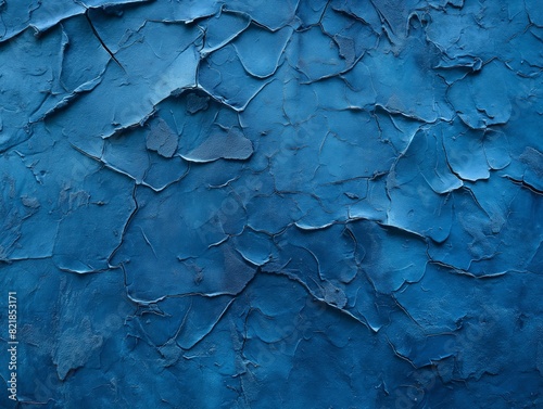 Close-up of cracked blue paint on a wall, creating an abstract, textured background.