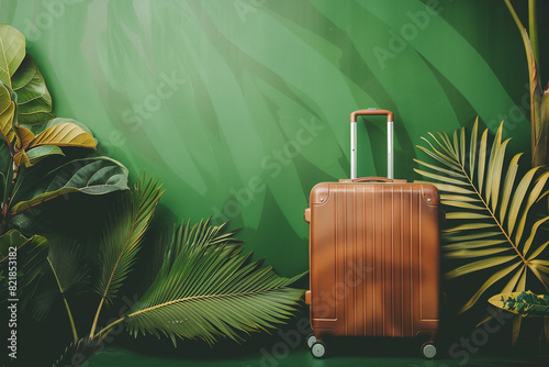 Stylish suitcase on a green background Travel and vacation concept in triples Trolley suitcase copy space Holiday and summer concept  photo