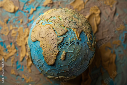 Stylized clay earth globe, with the phrase One Earth embossed across the continents, symbolizing unity and environmental awareness 