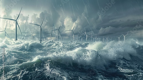 Wind farm consisting of large wind turbines installed in the ocean waves crashing against the turbine foundations and wind turbines generating renewable energy from the strong offshore winds. photo