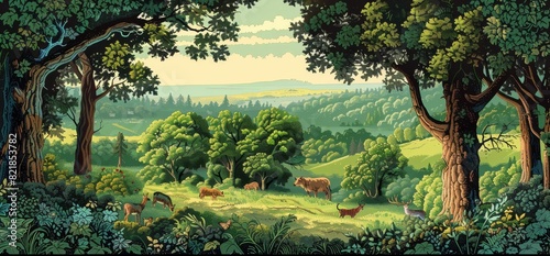 a painting of cows grazing in a lush green forest