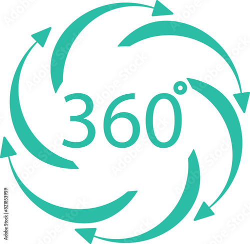 Teal 360 degree symbol with circular arrows, illustrating panoramic rotation or viewpoint concept