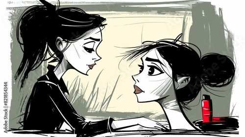 Illustration of a woman applying a facial mask to another woman s face  presented in a sketch-like style with a limited color palette.