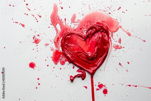 Vibrant red heart paint splatter on white background symbolizing love