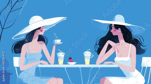 Two stylish women wearing hats sitting at a cafe table, one holding a coffee cup, with drinks and a dessert on the table, in a blue-toned illustration.