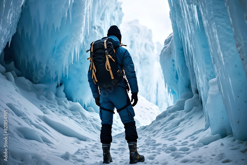 An explorer in awe of a beautiful icicle crystal wall formation as he trek frozen snow and ice through a valley passageway in winter swept Iceland. Man journey towards the unexplored and unknown.