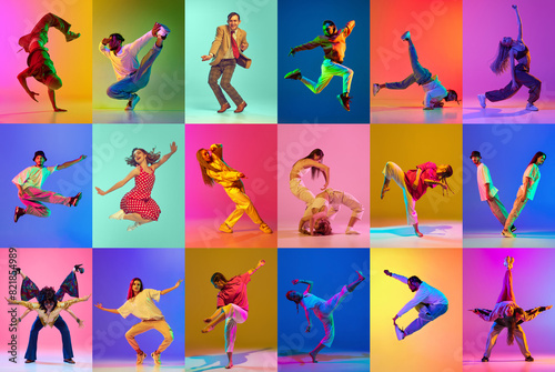 Dynamic collage. Talented young people  dancers  men and woman  dancing in freestyle in motion in neon light. Concept of contemporary dance style  youth  hobby  action and motion. Ad