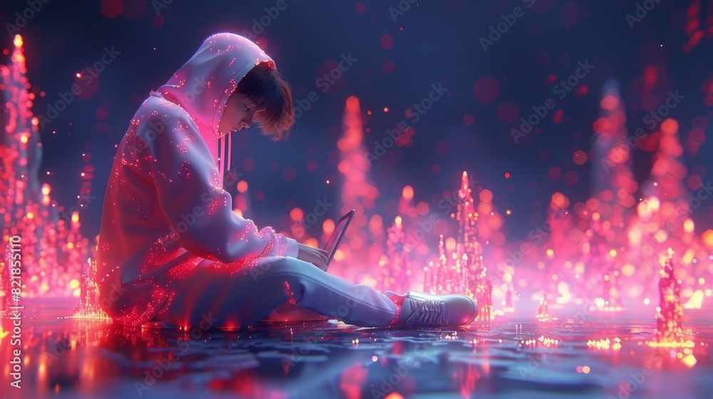 A digital artwork of a businessman working on a laptop enveloped by vibrant digital particles. A digital artwork of a businessman working on a laptop enveloped by vibrant digital particles.