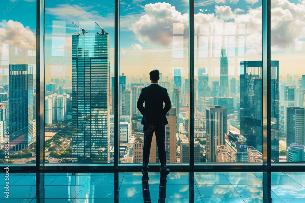Successful business man standing alone looks at modern downtown high-rises Businessman looking out of window at big city view Successful business man standing alone looks at modern downtown high-rises Businessman looking out of window at big city view