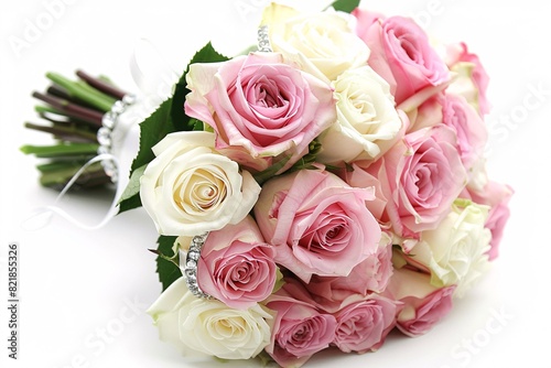 a bouquet of pink and white roses