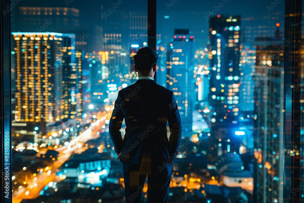 Successful businessman looking out of window at big night city view Business man standing alone looks at modern downtown high-rises Successful businessman looking out of window at big night city view Business man standing alone looks at modern downtown high-rises