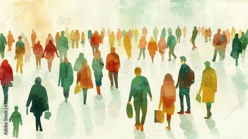 Abstract illustration of a bustling crowd of business people in motion blur, with a warm and dynamic aesthetic.