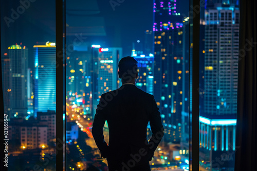 Successful businessman looking out of window at big night city view Business man standing alone looks at modern downtown high-rises 