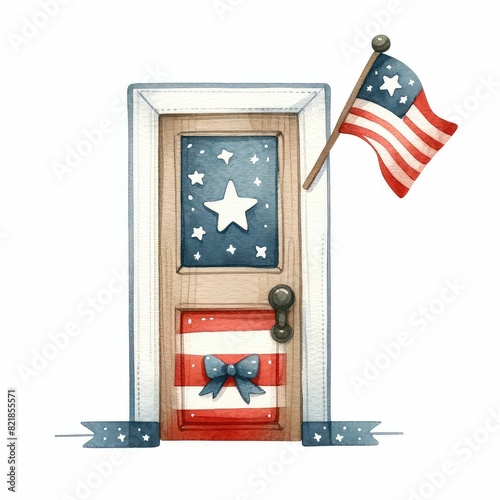Patriotic door decorations. watercolor illustration, Perfect for nursery art, simple clipart, single object, white color background. 
