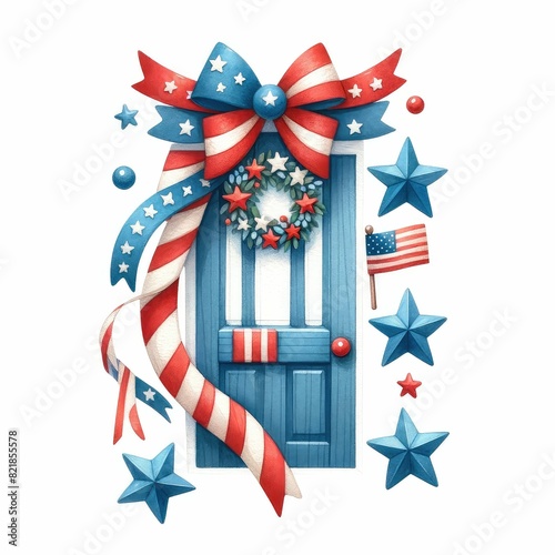 Patriotic door decorations. watercolor illustration, Perfect for nursery art, simple clipart, single object, white color background. 