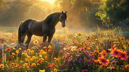 Horse Standing in Field at Sunset