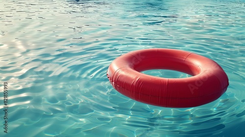 A red lifebuoy floating in a clear blue swimming pool, providing safety and tranquility. Calm water and bright light create a serene atmosphere.
