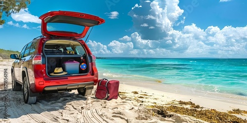 Red SUV with open trunk parked on a sunny beach. Luggage and travel essentials ready for a seaside getaway under blue skies. photo