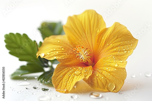 A single yellow hebiscus flower with water droplet and foliage, isolated on a white background photo