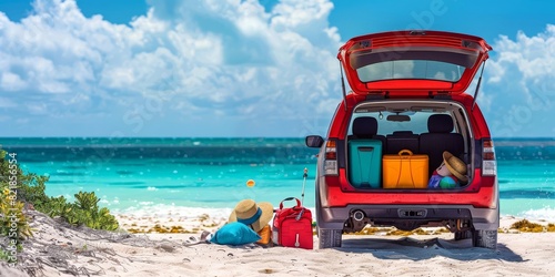 A red SUV parked on a sandy shore with the trunk open