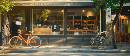 cafe coffee shop small concept with glass window facade and bicycle in front photo