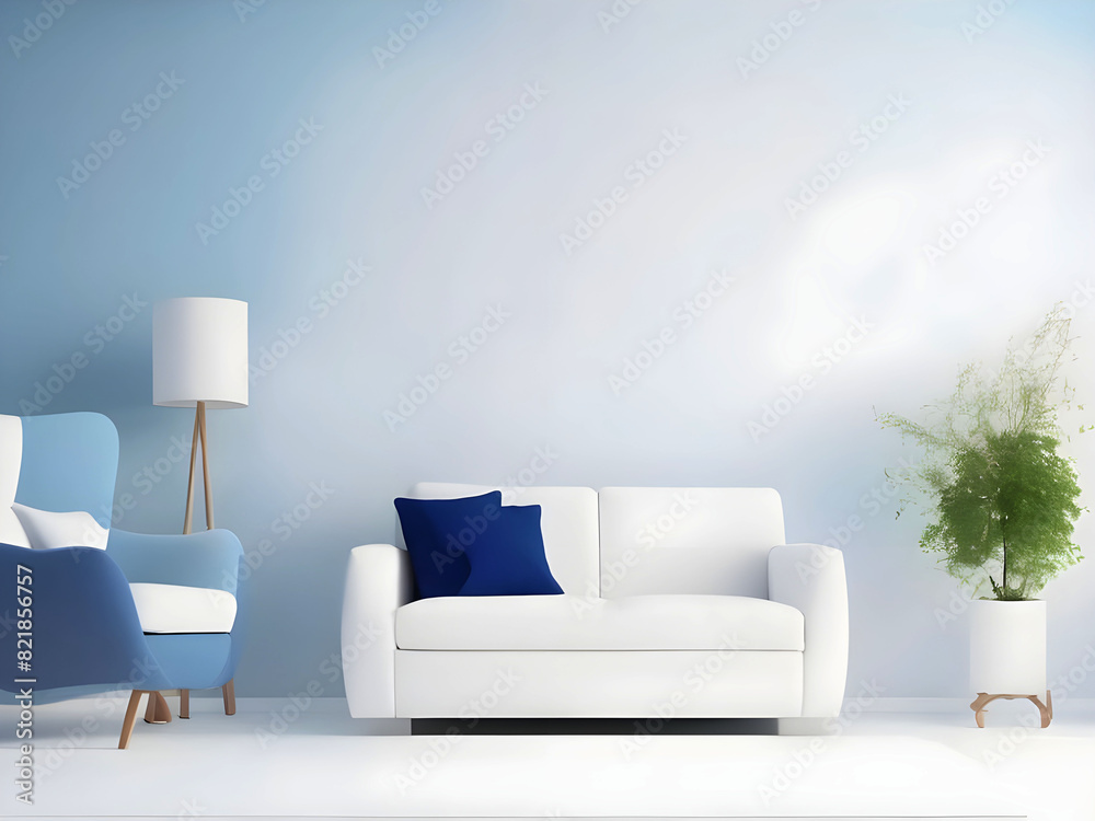 Fototapeta premium Living room with white blank wall white mockup. with pillow Oxford Blue Armchair. Scandinavian modern interior design. 3D rendering