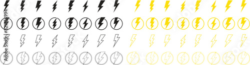 Set of Energy and thunder electricity icons symbols. Lightning ,electric power vectors designs elements. Flash bolt signs in circle editable stock. Flash emblem isolated on transparent background.