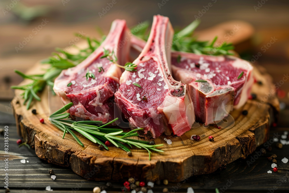 Succulent Raw Lamb Chops with Fresh Rosemary on a Wooden Board Succulent Raw Lamb Chops with Fresh Rosemary on a Wooden Board