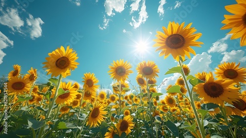 Sunflower field in full bloom, with a bright blue sky and the sun shining overhead, highlighting the beauty of nature in summer. List of Art Media Photograph inspired by Spring magazine photo